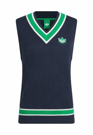 Navy sleeveless sweater with a textured pattern, v-neck, green and white ribbed trim, and a green embroidered logo on the chest.
