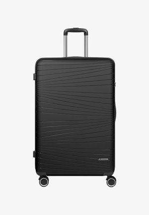 Valise rigide noire avec lignes diagonales texturées, quatre roues pivotantes et une poignée télescopique extensible.