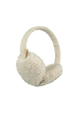 Fleece-lined ear warmers in cream with a soft texture, featuring a flexible fabric headband and a small leather accent.