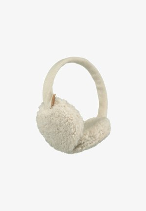 Fleece-lined ear warmers in cream with a soft texture, featuring a flexible fabric headband and a small leather accent.