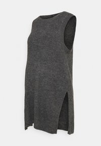 Grijze mouwloze jurk van ribgebreid materiaal. Heeft zijsplitten, een ronde halslijn en een losse pasvorm.