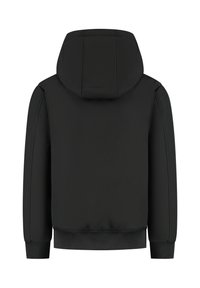 Zwarte capuchonjas met een gladde textuur, geribbelde manchetten en zoom. Heeft een eenvoudig, minimalistisch ontwerp zonder zichtbare logo's of patronen.