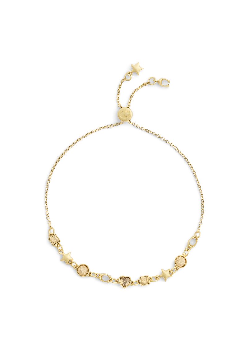 Goldene Kettenarmband mit verschiedenen Formen, darunter Sterne und Herzen, dekorativen Steinen und einem Schiebverschluss für die anpassbare Länge.