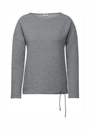 Grauer langärmliger Pullover aus Rippstoff mit weitem Ausschnitt und seitlichem Kordelzug am Saum für eine verstellbare Passform.