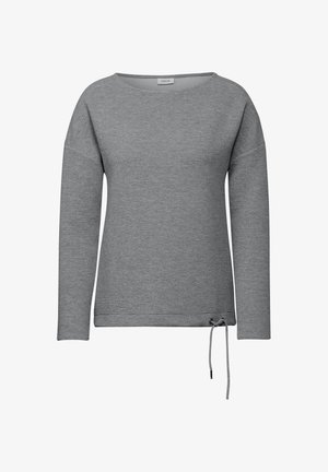 Grijze lange mouwen trui in een ribbelstructuur, met een brede halslijn en een zijkoord aan de zoom voor een verstelbare pasvorm.