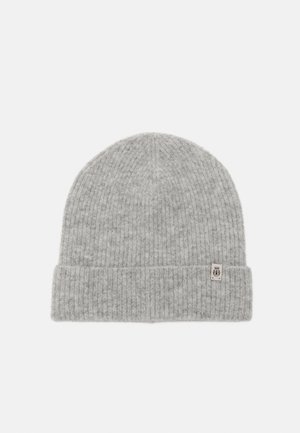 Gray knit beanie with ribbed texture and a folded cuff. Features a small logo tag on the side. Soft material for warmth.