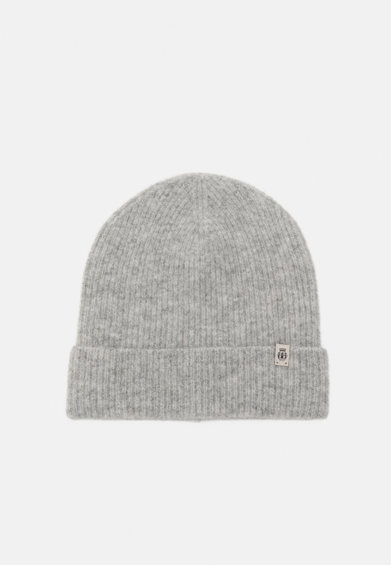 Gray knit beanie with ribbed texture and a folded cuff. Features a small logo tag on the side. Soft material for warmth.