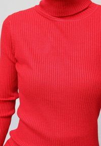 Pull en maille côtelée rouge avec col roulé et manches longues. Le tissu est lisse et extensible, présentant une silhouette ajustée et un col haut.