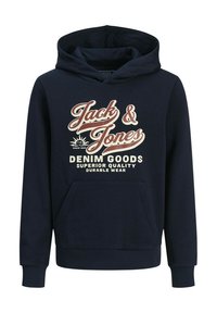 Hoodie bleu marine en coton, avec une poche frontale, des poignets côtelés et un imprimé graphique en texte ivoire et rouge.