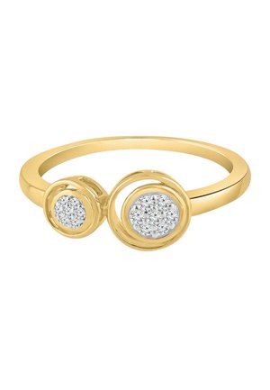 Sottile anello d'oro con due grappoli rotondi di piccoli diamanti disposti affiancati in montature d'oro tonde rialzate.
