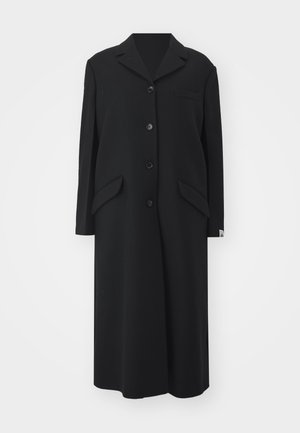 Black long coat made from wool, featuring a notched collar, five buttons, two side pockets, and a single chest pocket.