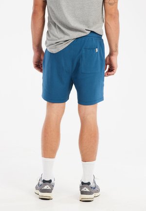 Blauwe sport shorts van een gestructureerde stof, met een elastische tailleband en een achterzak. Draagt een grijze t-shirt en sneakers.
