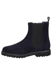Stivaletti alla caviglia in suede blu navy con pannelli elastici laterali e linguetta posteriore. Suola in gomma con finitura testurizzata e un leggero bordo platform.