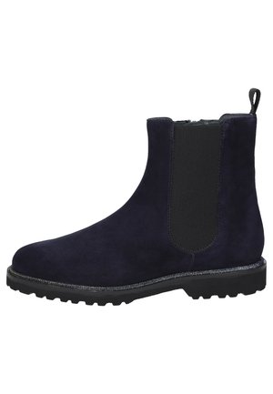 Navy suede ankle boots with elastic side panels and back pull tab. Rubber sole with a textured finish and a slight platform edge.