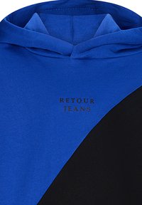 Felpa blu e nera con il testo "Retour Jeans" stampato sul petto, dotata di cappuccio pieghevole e trama di tessuto liscia.