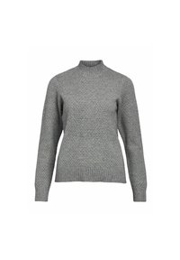 Suéter gris de punto con cuello alto, que presenta un patrón texturizado y puños y dobladillo acanalados. La tela parece suave y cálida.