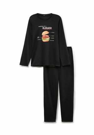 Ensemble de pyjama noir à manches longues présentant un graphisme de hamburger avec les ingrédients étiquetés. Tissu doux, coupe décontractée et pantalon assorti.