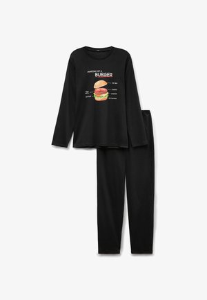 Schwarzes Langarm-Pyjama-Set mit einem Grafikdruck eines Hamburgers und beschrifteten Zutaten. Aus weichem Stoff, lockerer Schnitt und mit passenden Hosen.