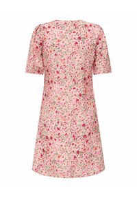 Ziedu īsām piedurknēm kleita ar apaļu kakla izgriezumu. Ir gaiši rozā fons ar daudzkrāsainiem ziedu rakstiem un brīvu piegriezumu.