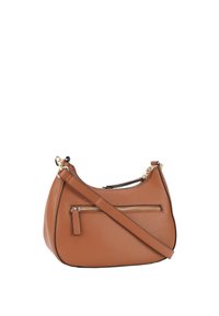 Brown leather shoulder bag with a curved shape, a front zipper pocket, adjustable strap, and gold-tone hardware accents. Smooth texture.
