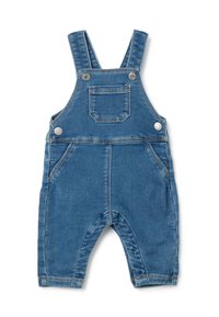 Denim overall, blauw, met verstelbare banden, zilveren drukknoopjes, een voorzak en twee zijzakken met gestikte details.