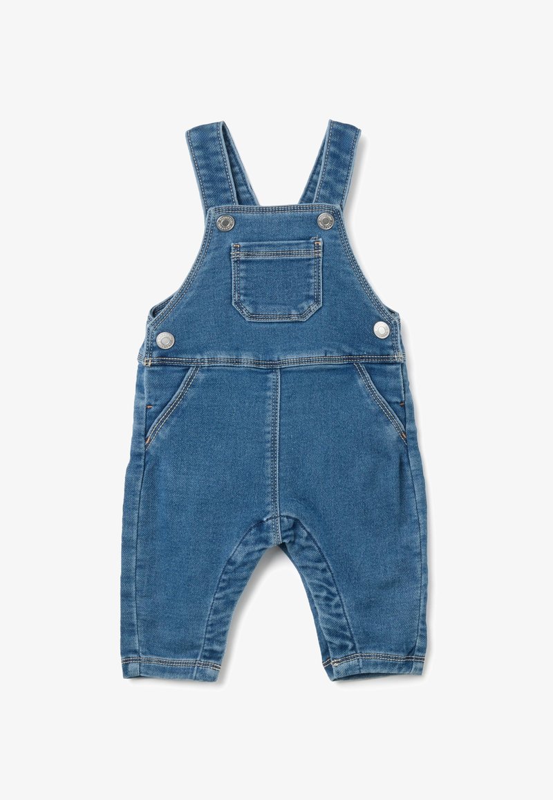 Denim overall, blauw, met verstelbare banden, zilveren drukknoopjes, een voorzak en twee zijzakken met gestikte details.