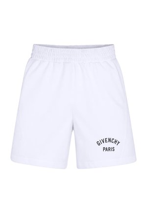 Białe krótkie spodenki z elastycznym pasem i czarnym nadrukiem "Givenchy Paris" z przodu u dołu lewego nogawki.