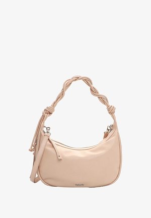 Lichtroze leren schoudertas met een gevlochten handvat, een ritssluitingvak en een gladde textuur. Voorzien van zilverkleurige hardware en een afgeronde vorm.