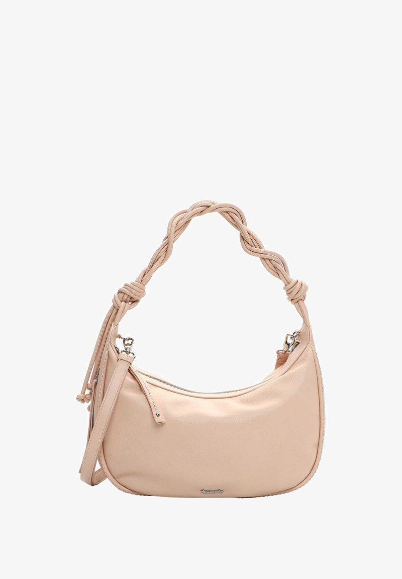 Sac à bandoulière en cuir rose clair avec une poignée tressée, une poche zippée et une texture lisse. Caractérisé par des ferrures argentées et une forme arrondie.