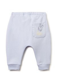 Světle modré bavlněné kalhoty s žebrovanými manžetami. Mají zadní kapsu s vyšitým designem králíka a žlutou sluneční grafikou.