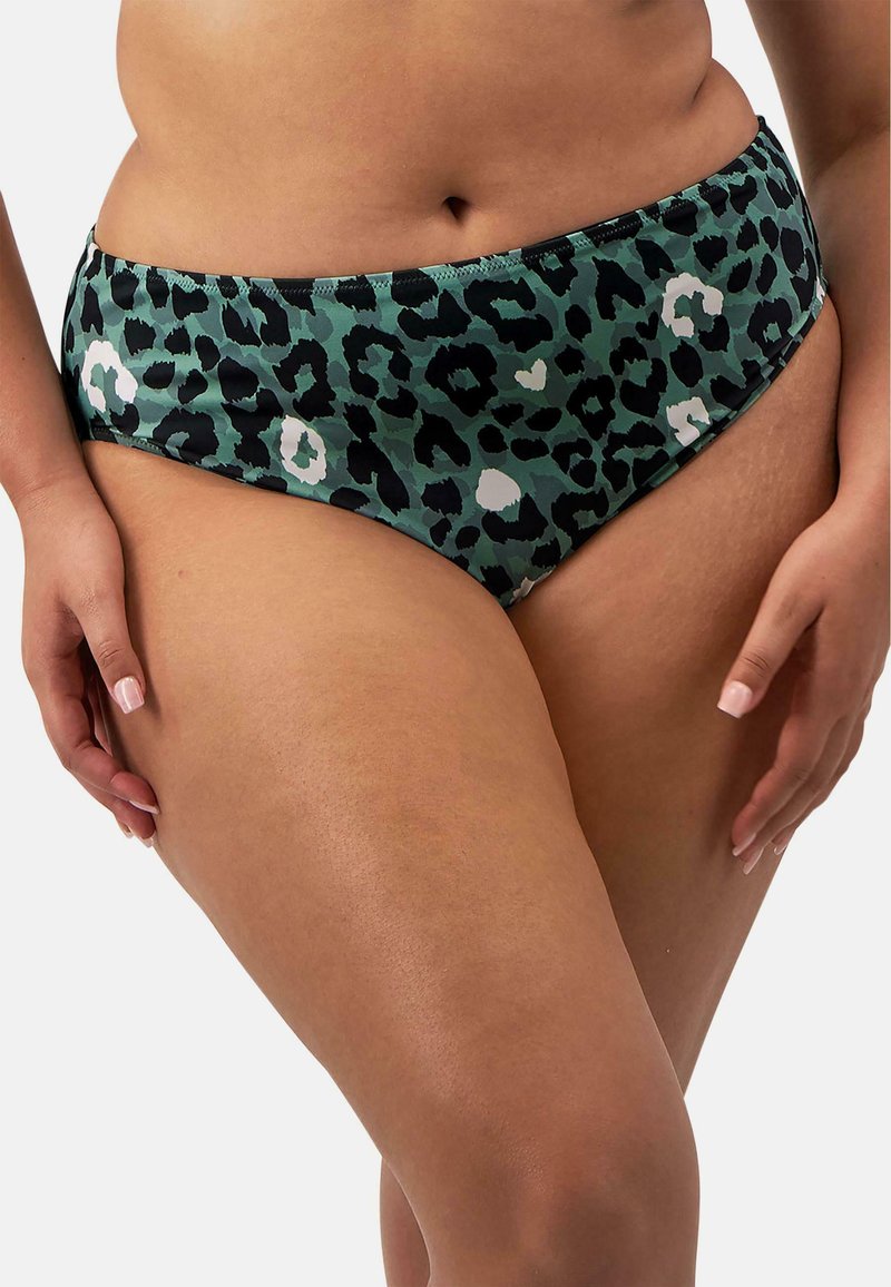 Bikini spodní díl s leopardím vzorem v zelené, černé a bílé barvě. Má střední pas, hladkou texturu a elastický pás.