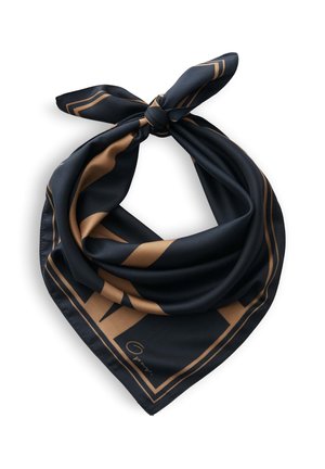 Schwarz-brauner Seidenschal, gefaltet und mit einem Knoten gebunden, mit geometrischen Mustern und einem kleinen Signaturdetail in einer Ecke.