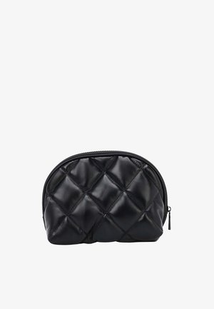 Black quilted leather cosmetic pouch with rounded top and zipper closure on a white background.