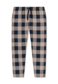 Pantaloni da pigiama a quadri in tonalità di blu navy, beige e grigio. Realizzati in tessuto morbido con vita elasticizzata e lacci. Presentano tasche laterali.