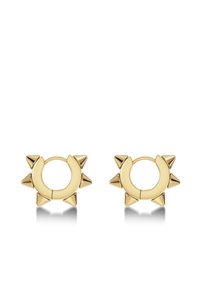 Kuldne rõngaskõrvarõngas ringikujulise disainiga, mille servade ümber on ühtlaselt paigutatud teravad tippud. Sile metallikviimistlus poleeritud tekstuuriga.