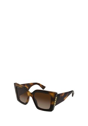 Gafas de sol cuadradas con montura carey, lentes degradadas oscuras y detalle del logo dorado de Gucci en la patilla.