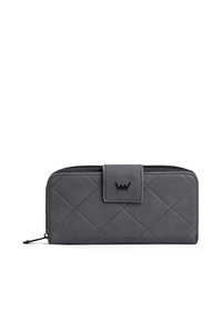 Gray quilted wallet with a textured finish, featuring a flap closure and black logo detail. Zippered compartment for secure storage.