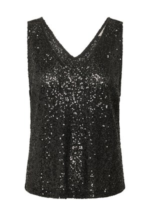 Zwarte pailletten tanktop met een V-hals ontwerp, voorzien van een glanzende textuur over het hele oppervlak en een mouwloze snit voor een aangesloten uitstraling.
