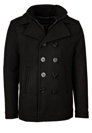 Black double-breasted pea coat with six buttons, side pockets, wide lapels, and a zip-up inner collar for added warmth.