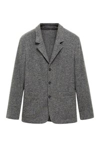 Gray wool blazer with a notched collar, single-breasted button closure, two front pockets, and a textured finish.