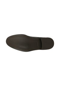 Dunkelbraune Ledersohle eines Schuhs mit sichtbaren Nähten am Rand und einem glatten Fersenbereich, von unten gesehen.