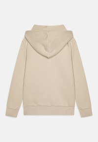 Beżowa bluza z kapturem, o miękkiej teksturze, z dużym kapturem i ściągaczami na rękawach. Tył ma czysty, bezszwowy design bez kieszeni.