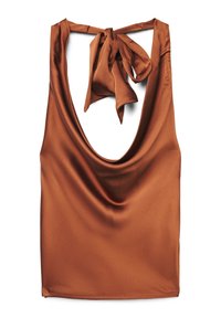 Braunes Satintop mit tief ausgeschnittenem Rundhalsausschnitt und Schnürung am Rücken. Der Stoff hat eine glänzende Textur und eine glatte Oberfläche.