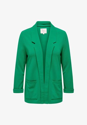 Grön blazer gjord av texturerat tyg, med sjalkrage, öppen front och två framfickor. Långa ärmar med uppvikta manschetter.