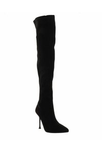Zwarte over-de-knie hoge hak laars in rekbaar materiaal, puntige neus, slanke stilettohak, eenvoudig ontwerp zonder zichtbare patronen of accenten.