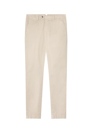 Chino beige con design a gamba dritta, realizzati in cotone, dotati di tasche frontali, zip e chiusura con bottone. Texture liscia.