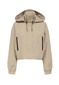 Kraftig beige jacka med hög krage och huva, utrustad med svarta dragkedjefickor och justerbara snoddar vid huva och ärmslut.