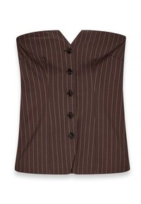 Brown pinstripe corset top with a V-neckline, featuring five black buttons down the front and structured, fitted design.