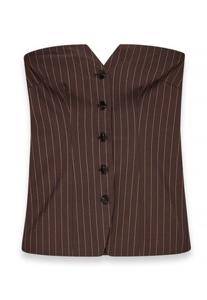 Pruun triibuline korsettageni V-kaelusega, millel on viis musta nuppu ees ja struktureeritud, istuv disain.