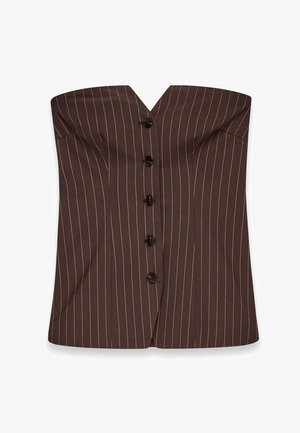 Pruun triibuline korsettageni V-kaelusega, millel on viis musta nuppu ees ja struktureeritud, istuv disain.